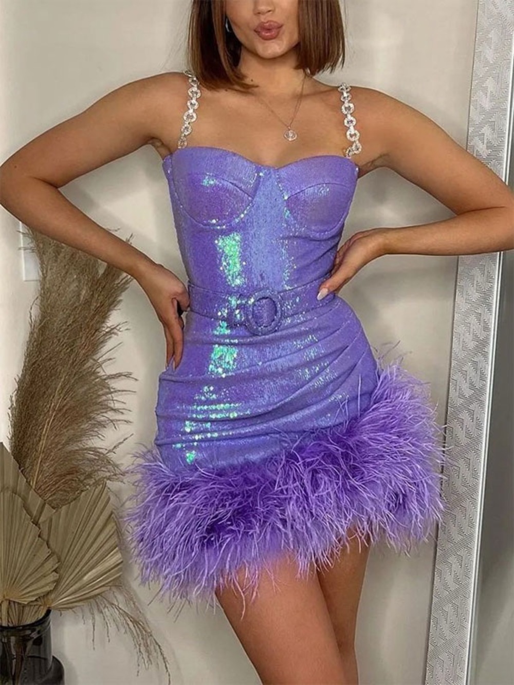 NADINE MERABI Lavender Sequin Feather-Trim Mini Dress